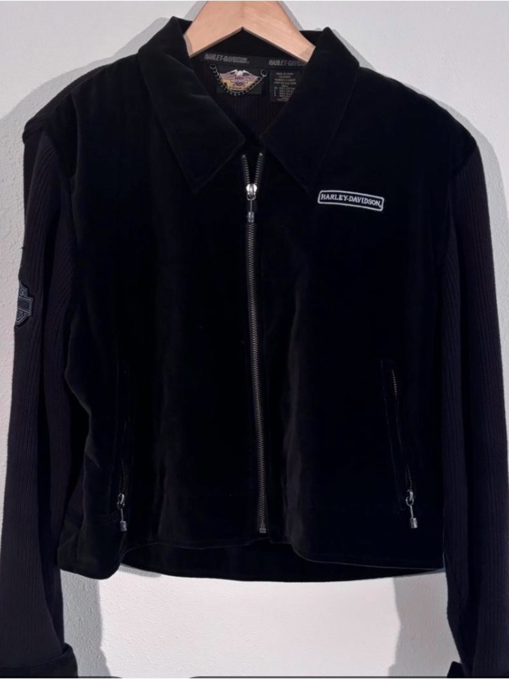 Harley-Davidson Black Velvet-Look Bomber Jacket with Ribbed Sleeves and Patch
